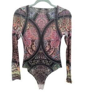 Fashion Nova Kaleidoscope Paisley Print Long Sleeve Mesh Body Suit Small